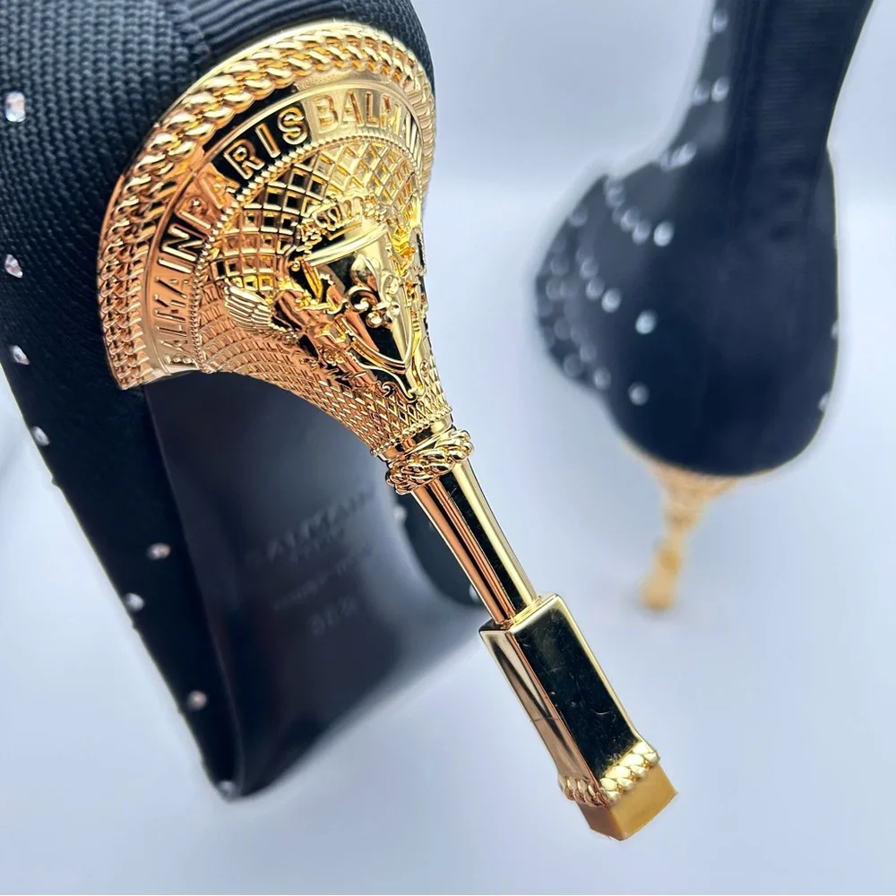 Balmain Black and Gold Moneta Rhinestone Knit Ankle Boots - Picture 4 of 11